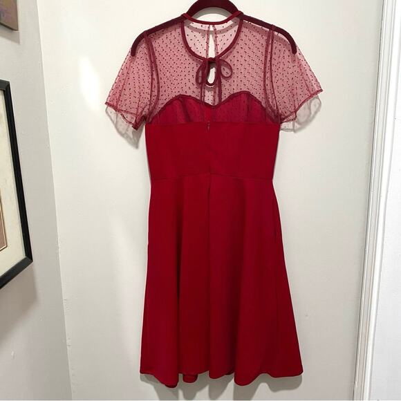 Red Party Dress Size Juniors Medium Dotted Swiss Yoke Fit & Flare Zip Back - Picture 10 of 12